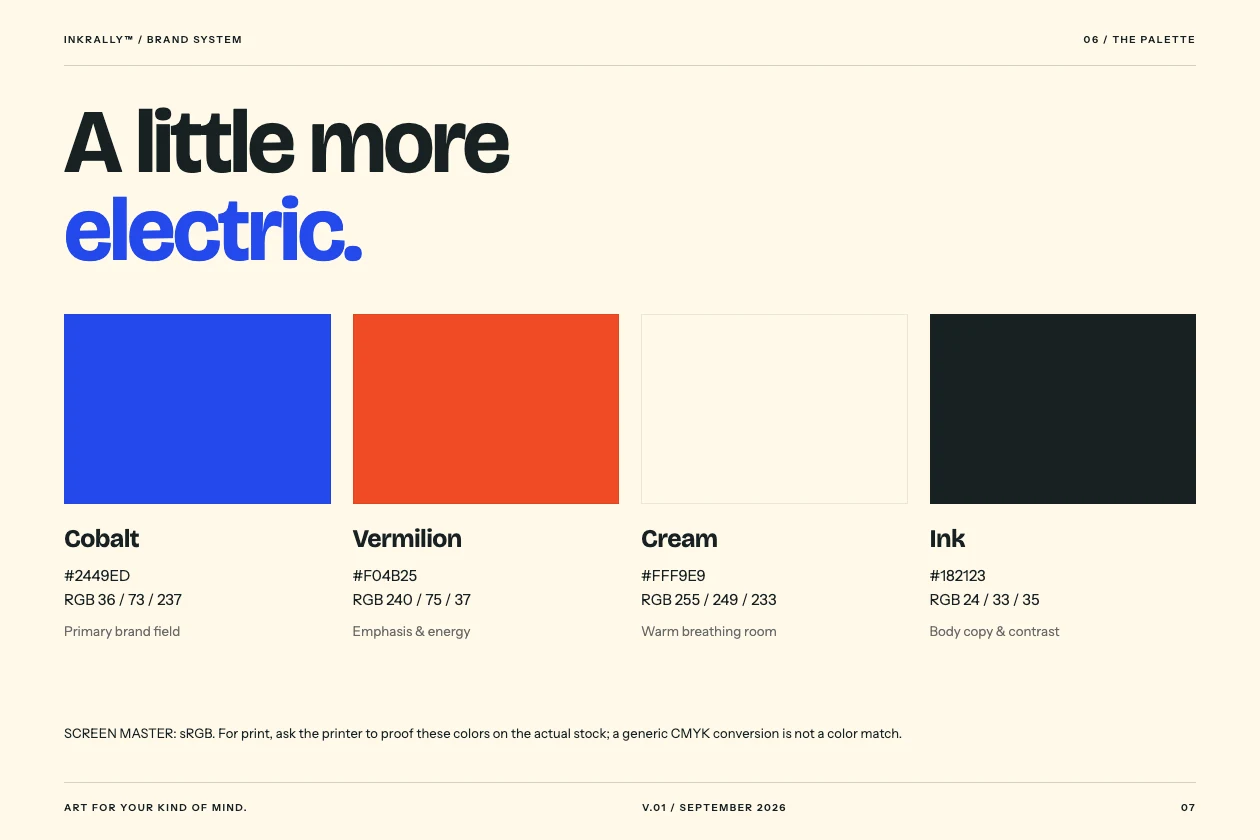 Color palette page from the INKRALLY brand guide