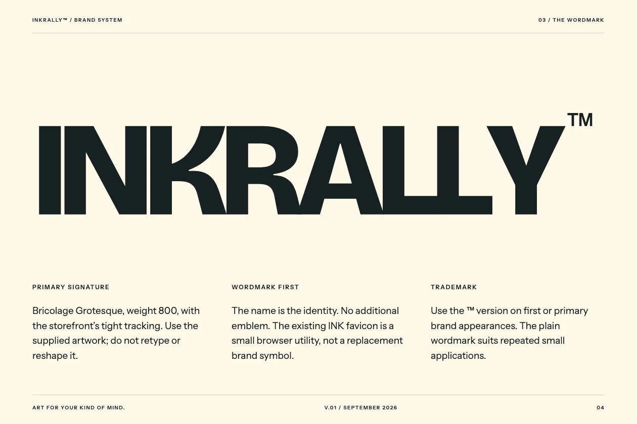 Wordmark page from the INKRALLY brand guide